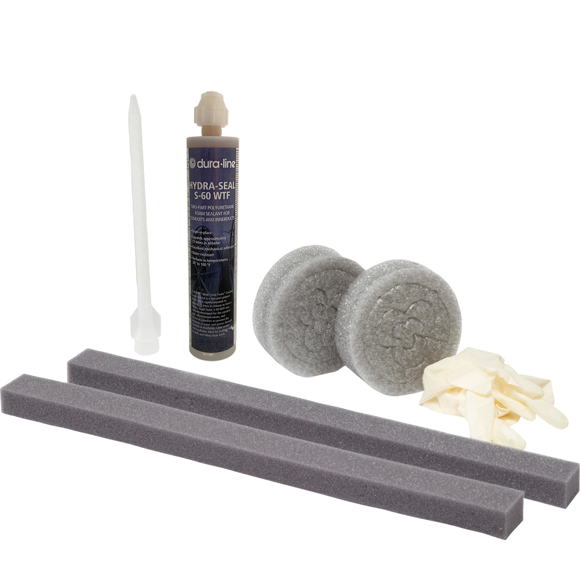 S-60 WTF “Wide Temp Foam” Conduit Foam Sealant is a two-part polyurethane material which rapidly expands to approximately 15 times in volume to form a strong, tough foam. S-60 WTF was specially developed for the construction, telecommunications, and electrical industries to prevent the intrusion of water and
gasses through conduits in manholes, cable vaults, and handholes. It also makes an ideal product for sealing cracks in walls
and filling large voids. S-60 WTF is provided in kit form with all the necessary materials for effective conduit sealing. Each kit contains one dual cartridge (Parts A and B), static mixing nozzle, damming material and disposable gloves packaged in a clear bag with product instructions. A dispensing gun is used to extrude the S-60 material. Partially “gunned” cartridges may be reused by refitting with a new static mixing nozzle.